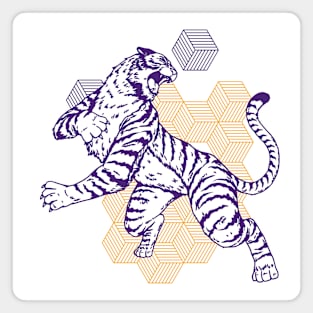 Retro Purple & Gold Tiger on the Attack // Vintage Geometric Shapes Background Magnet